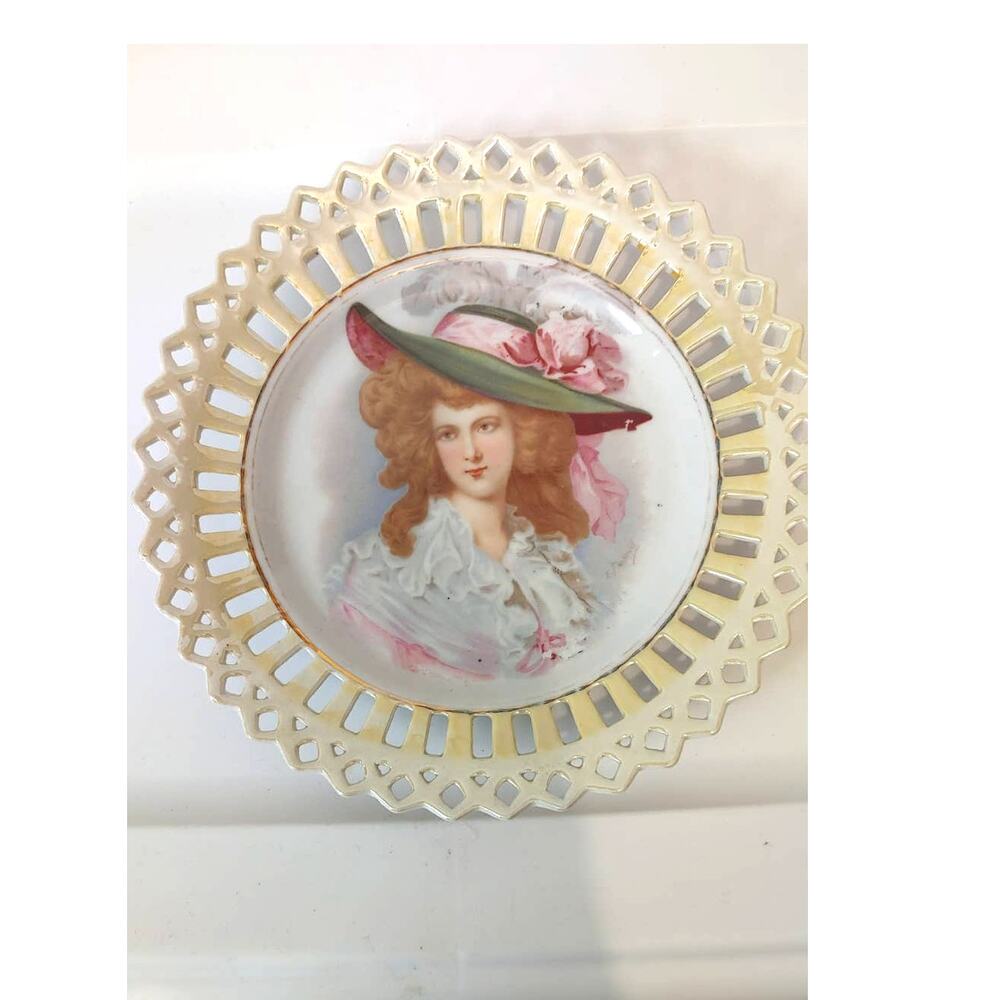Vintage Edwardian Plate Porcelain 7" Lady Hat Floral Scalloped